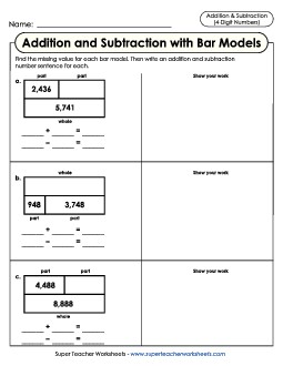 Addition-Subtraction Bar Models With Work Space Mixed Addition Subtraction Worksheet