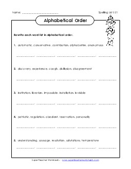 Alphabetical Order (E-21) Spelling E Worksheet