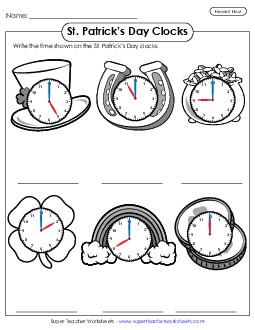 St. Patrick\'s Day Clocks - Nearest Hour Stpatrick Worksheet