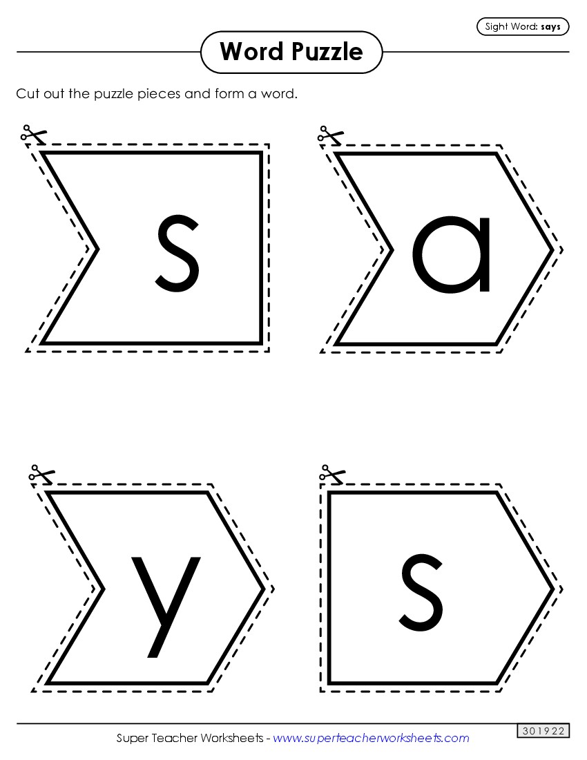 Word Puzzle: Says Sight Words Individual Worksheet