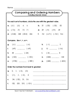 Compare and Order Numbers With Absolute Values Worksheet