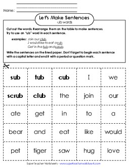 Make Sentences: Word Cards (-ub) Word Families Worksheet