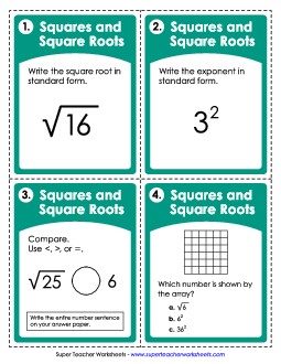 Task Cards: Squares & Square Roots Squares Square Roots Worksheet