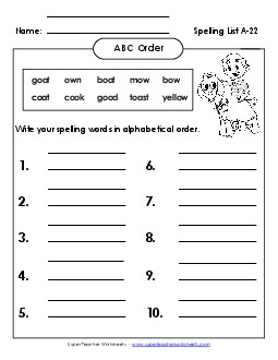 ABC Order: Write List (A-22) Spelling A Worksheet