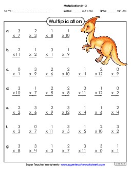 Drill: Basic Facts 0-3 (B) Multiplication Worksheet