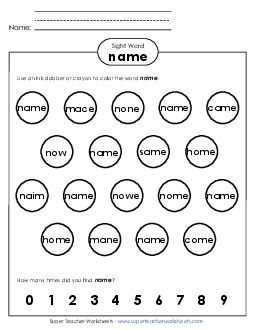 Dab or Color: Name Sight Words Individual Worksheet