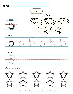 Number 5: Trace, Print, Color Counting Worksheet