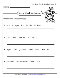 Scrambled Sentences (B-Number Words)  Spelling B Worksheet