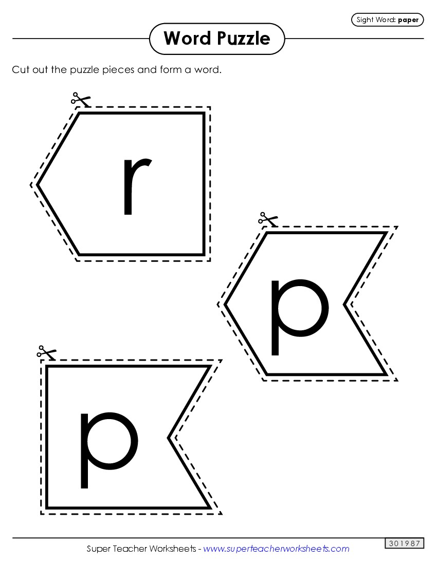 Word Puzzle: Paper Sight Words Individual Worksheet