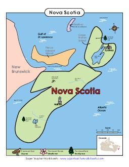 Nova Scotia Map (Full Colour) Canada Worksheet