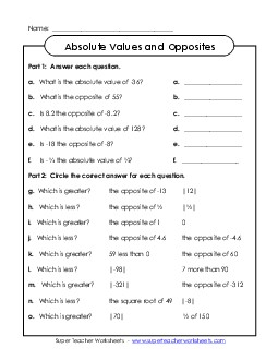 Questions on Abs. Value and Opposites Absolute Value Worksheet