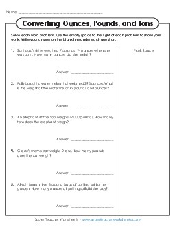 Word Problems: Converting Ounces, Pounds, and Tons Measurement Worksheet