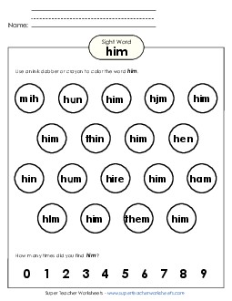 Dab or Color: Him Sight Words Individual Worksheet