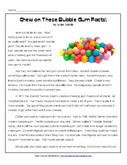 Chew on These Bubble Gum Facts 4th Grade Reading Comprehension Worksheet