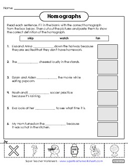 Homographs: Cut and Glue Worksheet 1 Worksheet