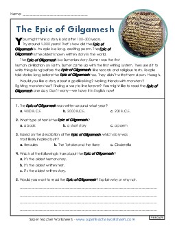 The Epic of Gilgamesh 3rd Grade Reading Comprehension Reading Comp Short Worksheet