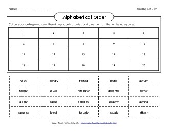 ABC Order: Cut Glue (E-19) Spelling E Worksheet