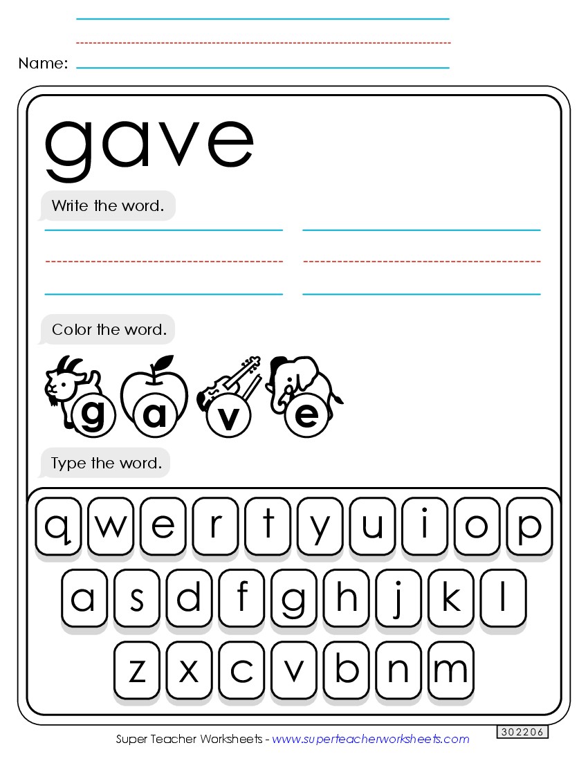 Write, Color, Type: Gave Sight Words Individual Worksheet