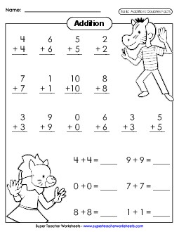 Doubles Drill Worksheet: Animal Kids Addition Worksheet