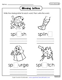 Missing Letters (Spl- Words) Phonics Blends Worksheet