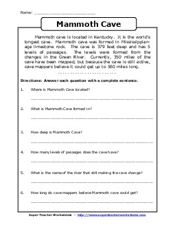 Mammoth Cave Reading Comprehension Worksheet