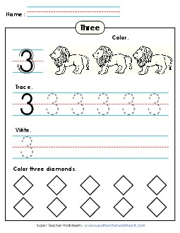 Number 3: Trace, Print, Color Counting Worksheet