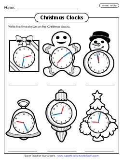 Christmas Clocks Nearest Minute Worksheet