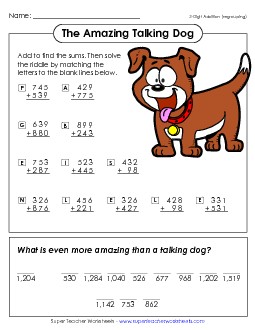 Math Riddle: Amazing Talking Dog Addition Worksheet