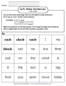 Make Sentences: Word Cards (-ock) Free Word Families Worksheet