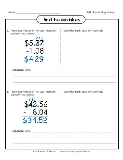 Find the Mistakes (Version 1) Subtraction Worksheet