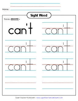 Trace the Word: Can\'t Sight Words Individual Worksheet