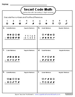 Secret Code Math:  5-Digit Subtraction with Borrowing Worksheet