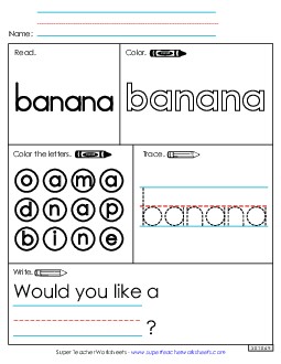 Worksheet 1: Banana Sight Words Individual Worksheet