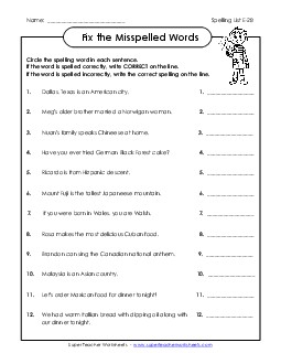 Fix the Misspelled Words (E-28) Spelling E Worksheet