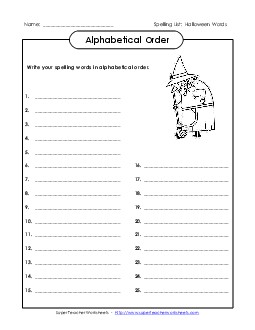 ABC Order: Write List (D-Halloween)  Spelling D Worksheet