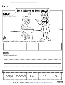 Build a Sentence: Teacher Community Helpers Worksheet