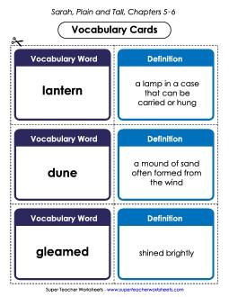 Vocabulary Cards for Chapters 5-6 Book Sarah Plain And Tall Worksheet