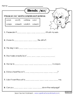 Scr- Sentences Free Phonics Blends Worksheet