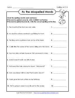 Fix the Misspelled Words (C-8) Spelling C Worksheet