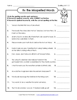 Fix the Misspelled Words (E-12) Spelling E Worksheet