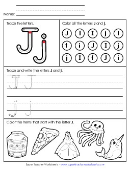 Tracing, Writing, and Recognizing Letter J Alphabet Worksheet