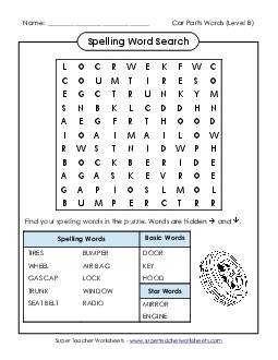 Word Search (B-Car Parts)  Spelling B Worksheet