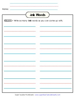 Brainstorm and Write (-ink) Word Families Worksheet