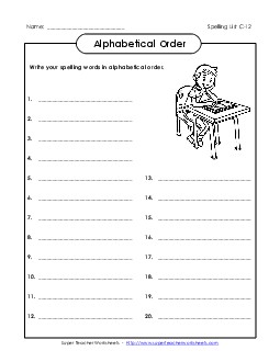 ABC Order: Write List (C-12) Spelling C Worksheet