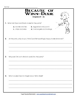 Questions for Chapters 21-26 Book Because Of Winn Dixie Worksheet