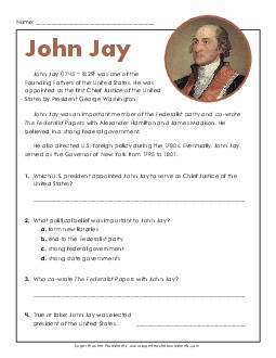 John Jay (Short Passage) 4th Grade Reading Comprehension Reading Comp Short Worksheet