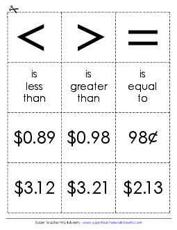 Math Cards: Comparing Money Comparing Numbers Worksheet