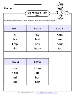 Whole Class Test (Unit 6) Sight Words Worksheet