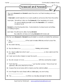 Foreword and Forward Commonly Confused Words Worksheet