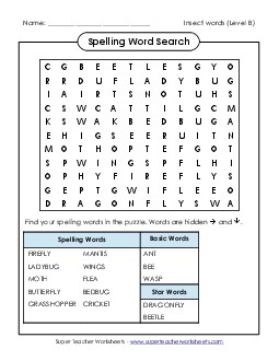 Word Search (B-Insect Words)  Spelling B Worksheet